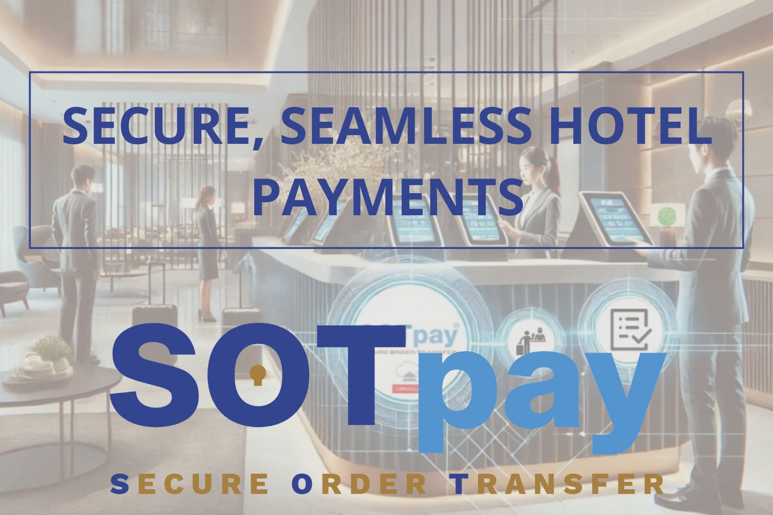 A futuristic hotel lobby with modern visuals and digital overlays